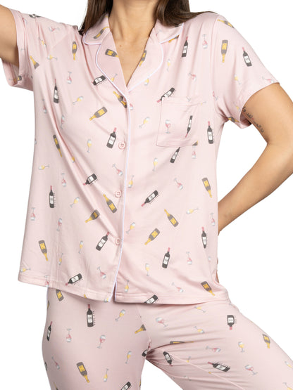 Women's Wine Time 2-Piece Short Sleeve Notch Collar Top and Pants Pajama Set