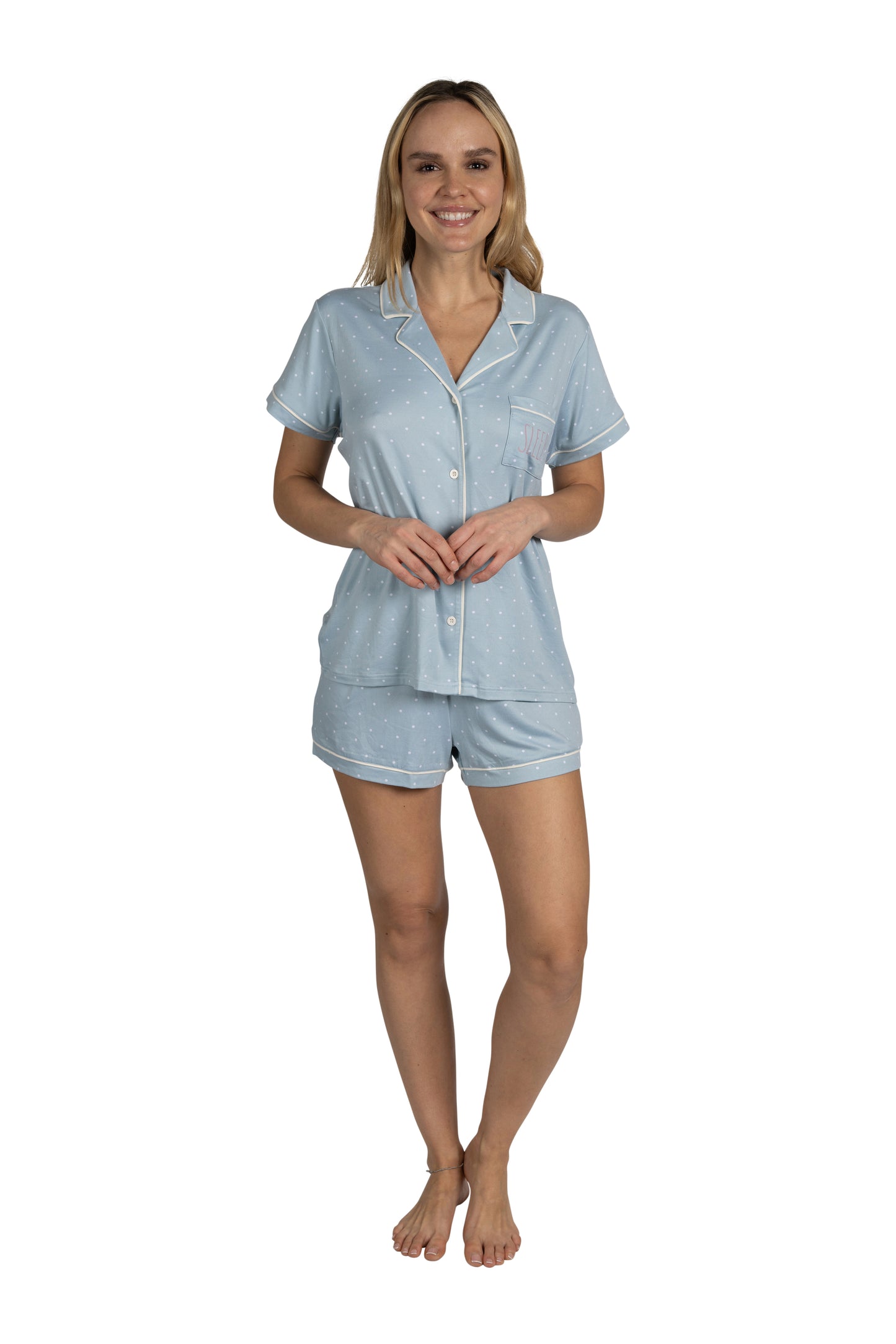 RAE DUNN Women's 3-Piece Short Sleeve Notch Collar Top, Shorts, and Pants Set, SLEEP Blue Polka Dot, XL