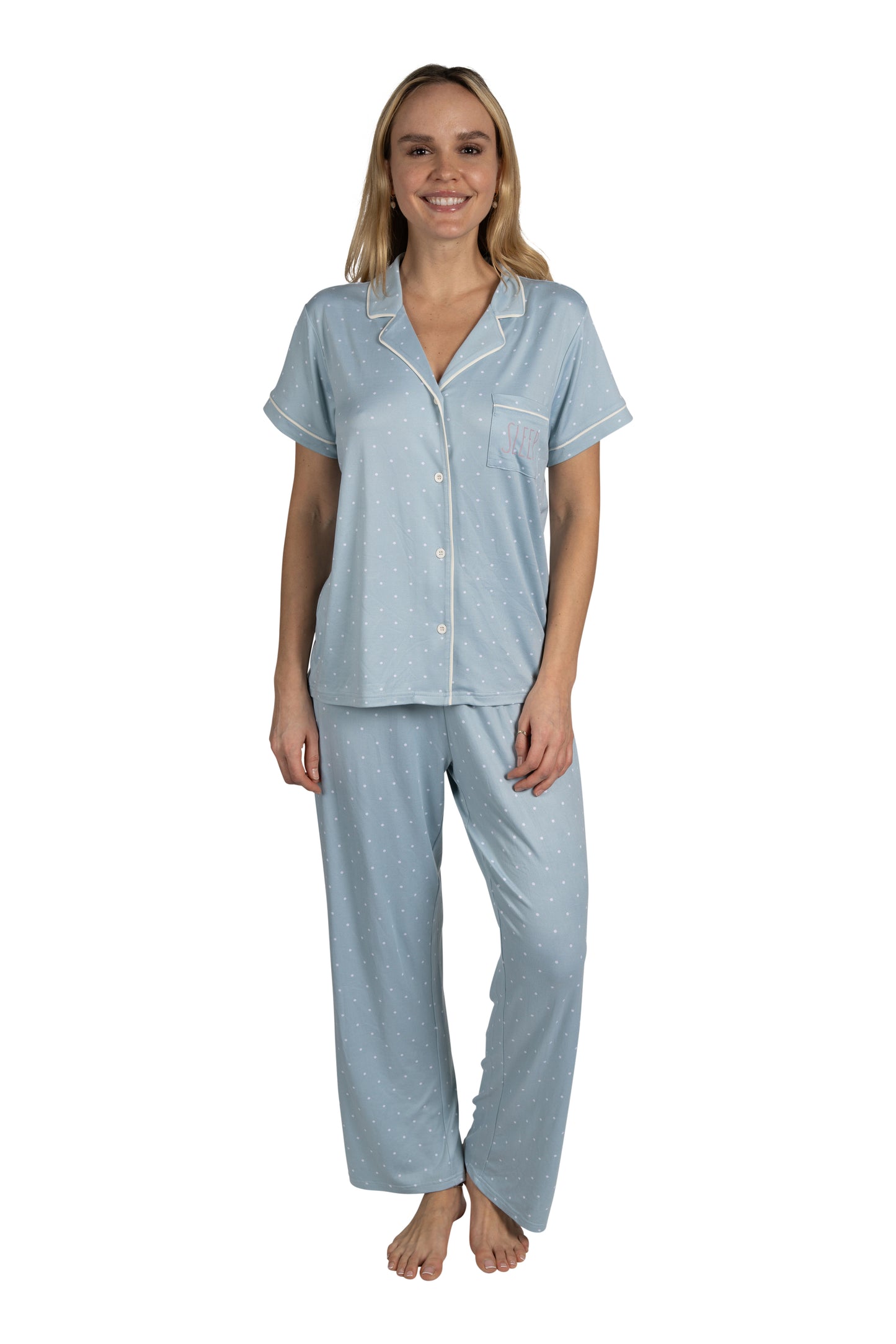 RAE DUNN Women's 3-Piece Short Sleeve Notch Collar Top, Shorts, and Pants Set, SLEEP Blue Polka Dot, XL