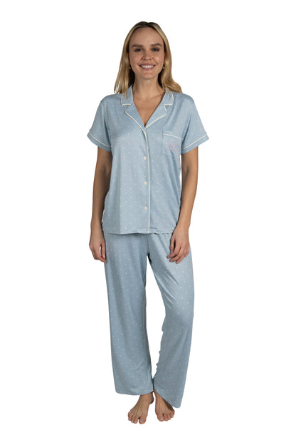 RAE DUNN Women's 3-Piece Short Sleeve Notch Collar Top, Shorts, and Pants Set, SLEEP Blue Polka Dot, XL