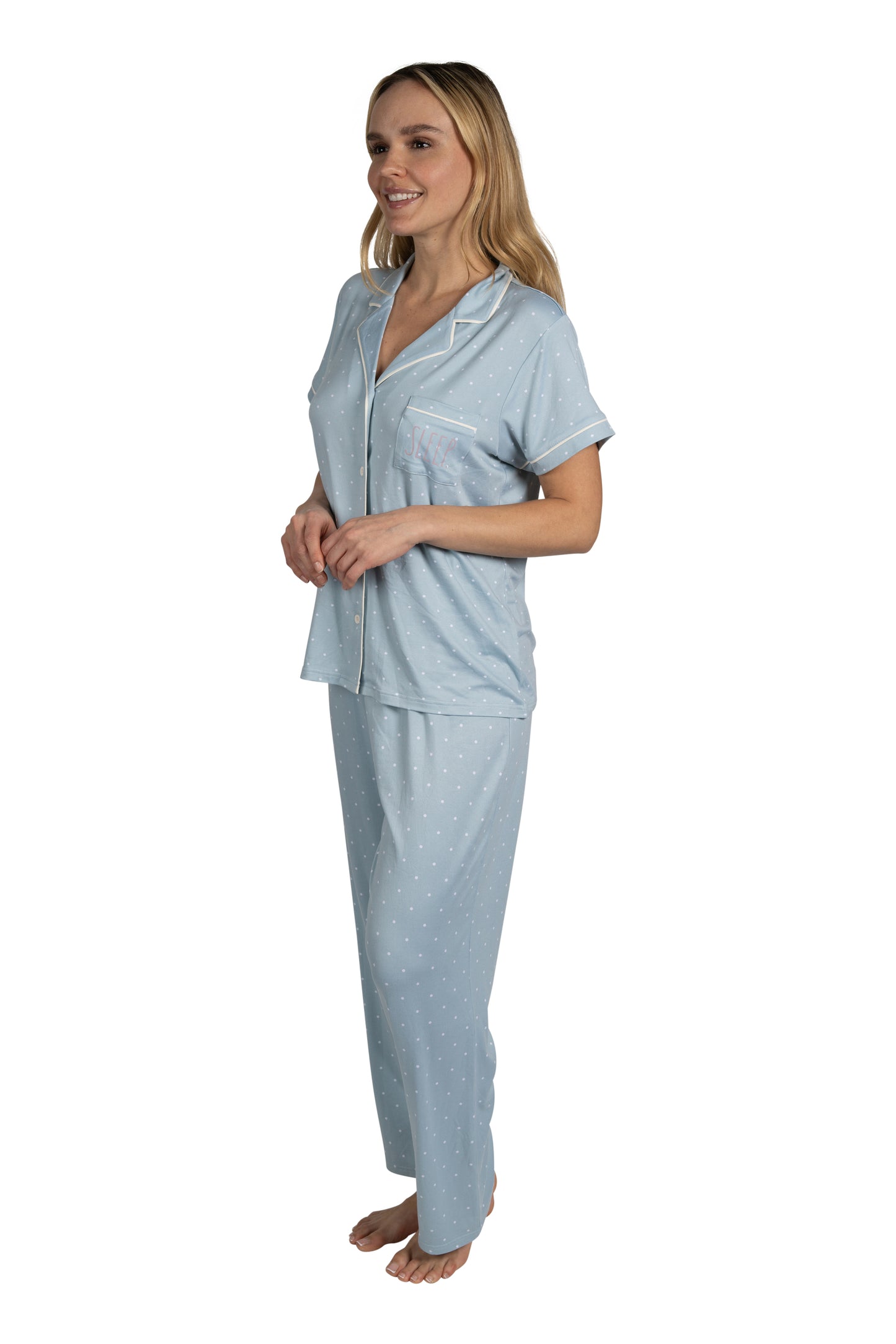 RAE DUNN Women's 3-Piece Short Sleeve Notch Collar Top, Shorts, and Pants Set, SLEEP Blue Polka Dot, XL