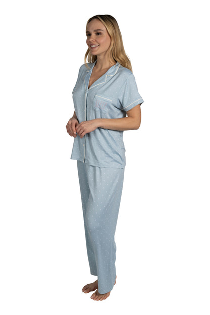 RAE DUNN Women's 3-Piece Short Sleeve Notch Collar Top, Shorts, and Pants Set, SLEEP Blue Polka Dot, XL