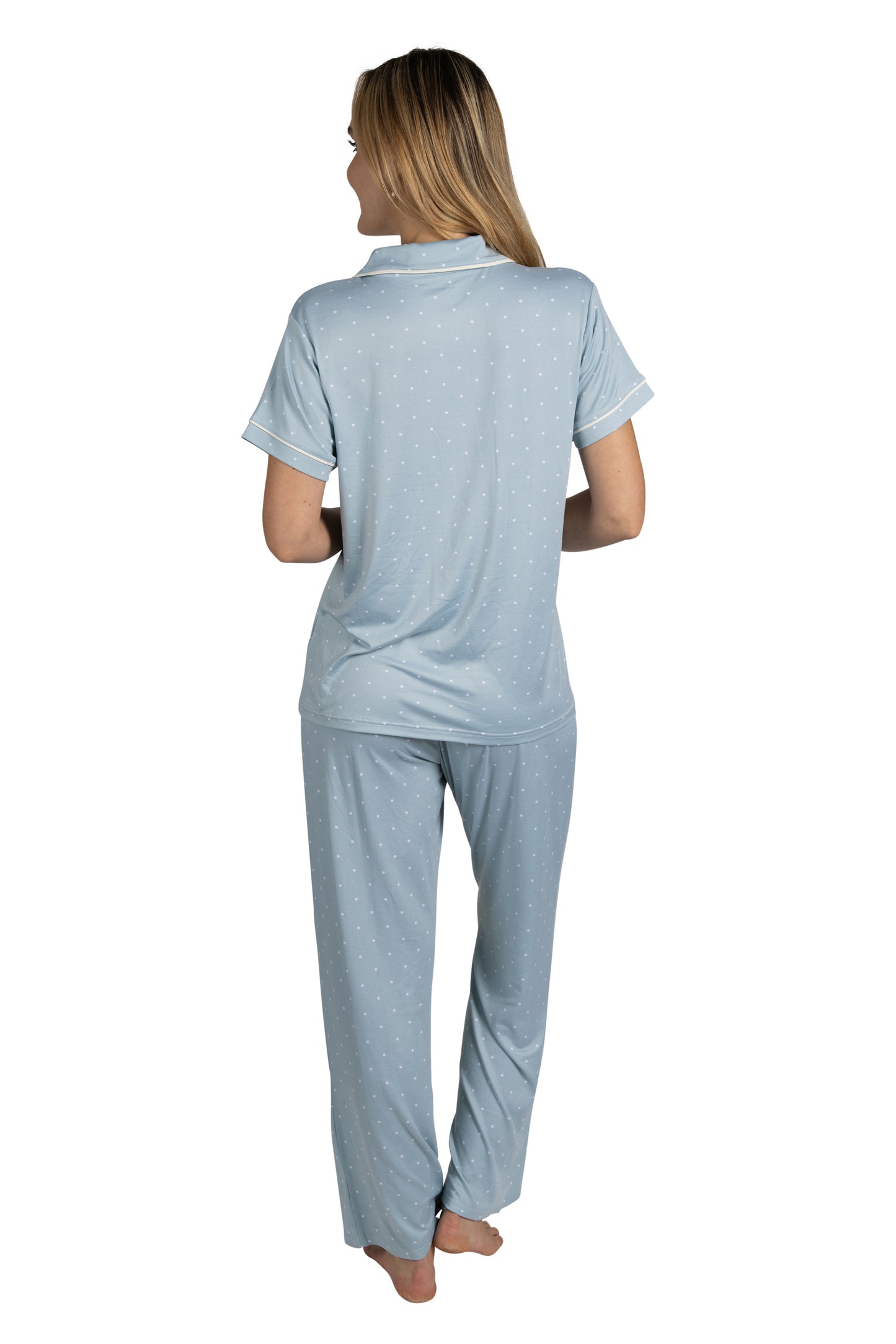 RAE DUNN Women's 3-Piece Short Sleeve Notch Collar Top, Shorts, and Pants Set, SLEEP Blue Polka Dot, XL