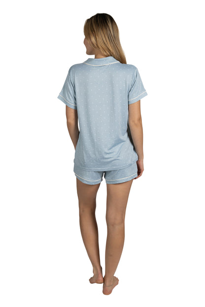 RAE DUNN Women's 3-Piece Short Sleeve Notch Collar Top, Shorts, and Pants Set, SLEEP Blue Polka Dot, XL