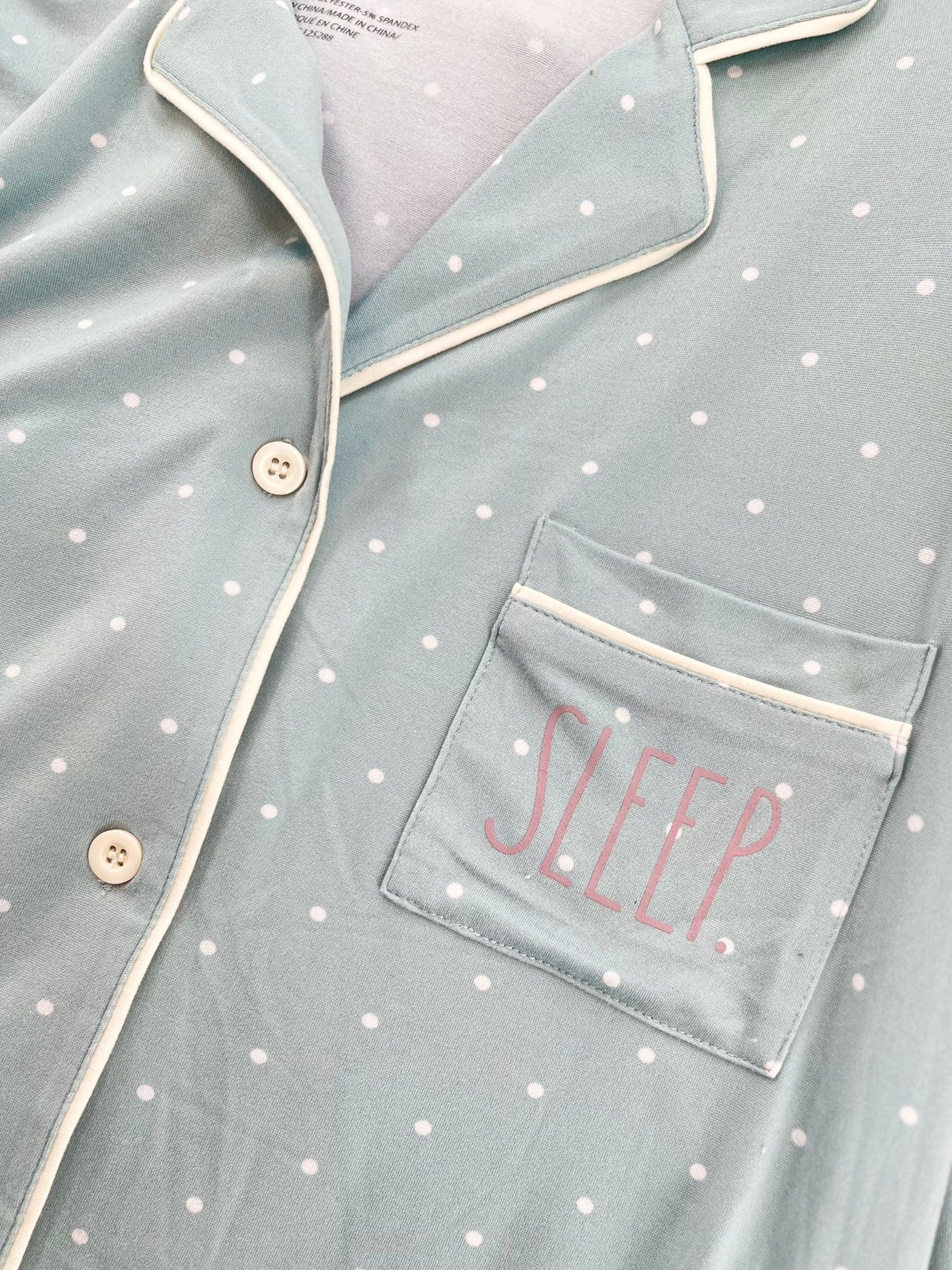 RAE DUNN Women's 3-Piece Short Sleeve Notch Collar Top, Shorts, and Pants Set, SLEEP Blue Polka Dot, XL