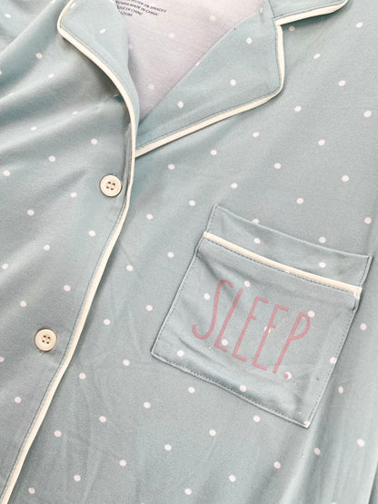 RAE DUNN Women's 3-Piece Short Sleeve Notch Collar Top, Shorts, and Pants Set, SLEEP Blue Polka Dot, XL