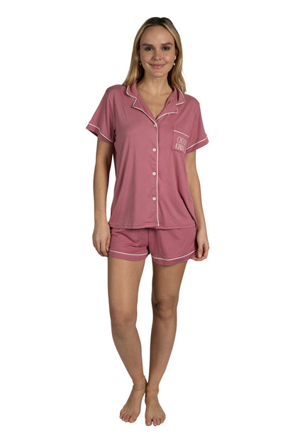 Women's "CHOOSE KINDNESS" 3-Piece Pajama Set Short Sleeve Notch Collar Top, Shorts, and Comfy Pants Pj Set