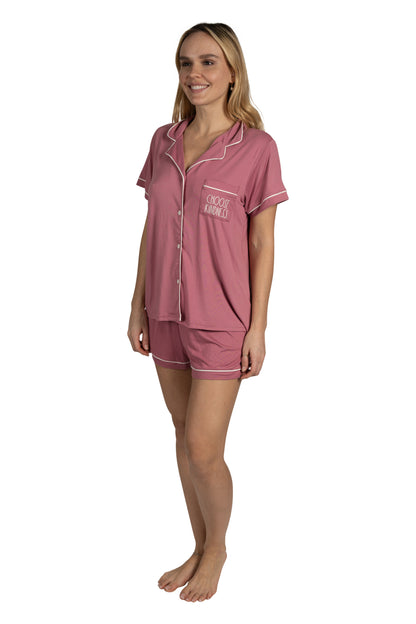 Women's "CHOOSE KINDNESS" 3-Piece Pajama Set Short Sleeve Notch Collar Top, Shorts, and Comfy Pants Pj Set