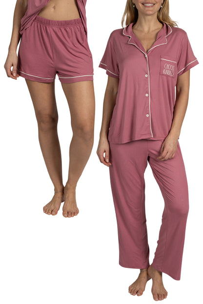 Women's "CHOOSE KINDNESS" 3-Piece Pajama Set Short Sleeve Notch Collar Top, Shorts, and Comfy Pants Pj Set