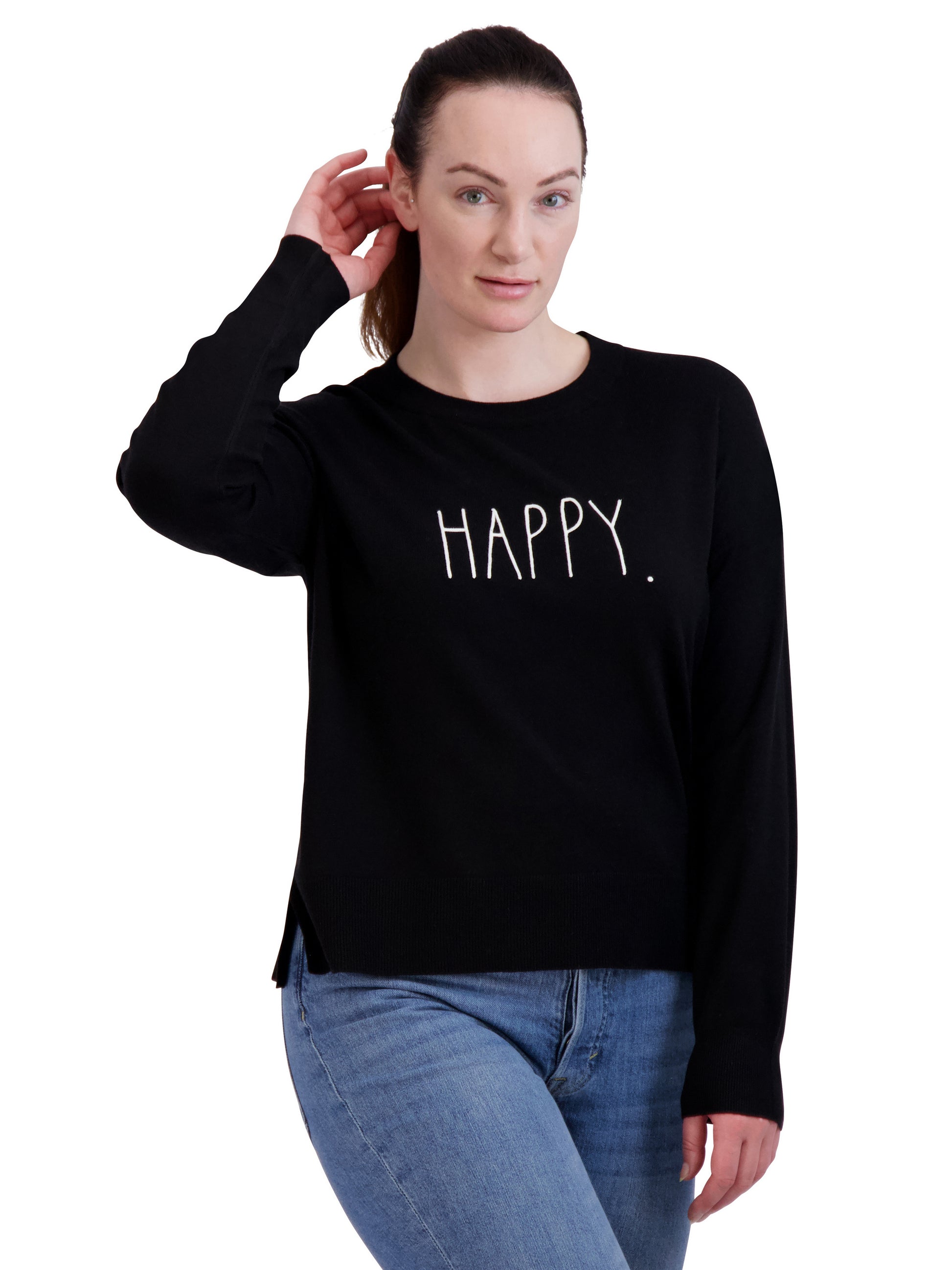 Women's Embroidered "HAPPY" Knit Black Sweater - Rae Dunn Wear - W Sweater