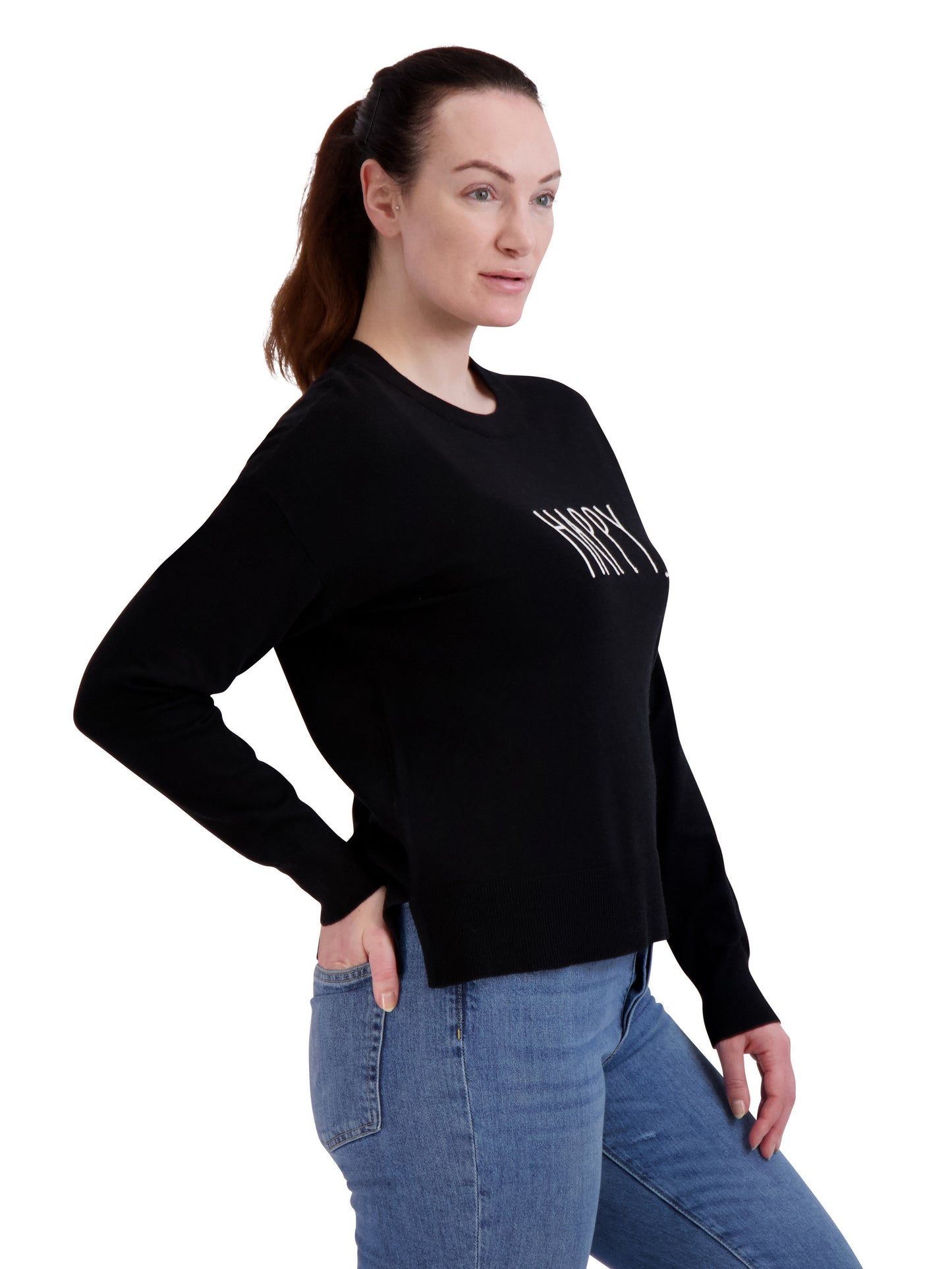 Women's Embroidered "HAPPY" Knit Black Sweater - Rae Dunn Wear - W Sweater