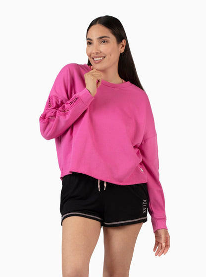 Women's French Terry Crochet Trim Sweatshirt, Hot Pink and Navy Blue - Rae Dunn Wear - W Sweatshirt