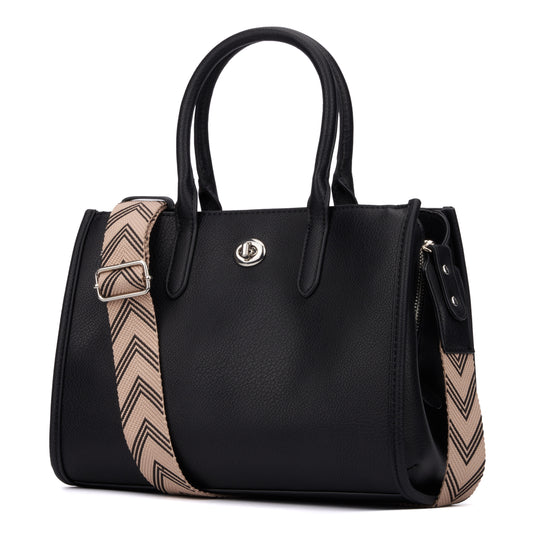 Tote Purse Black Vegan Leather with Removeable Chevron Strap - Rae Dunn Wear - Handbag