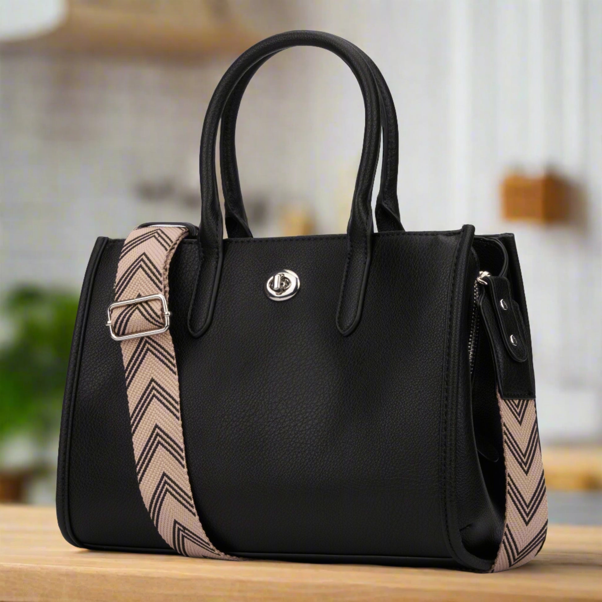 Tote Purse Black Vegan Leather with Removeable Chevron Strap - Rae Dunn Wear - Handbag