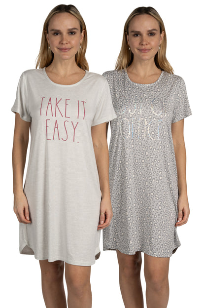 Women's 2-Pack Short Sleeve Shirttail Nightshirts Grey "OUT OF OFFICE" & "TAKE IT EASY"