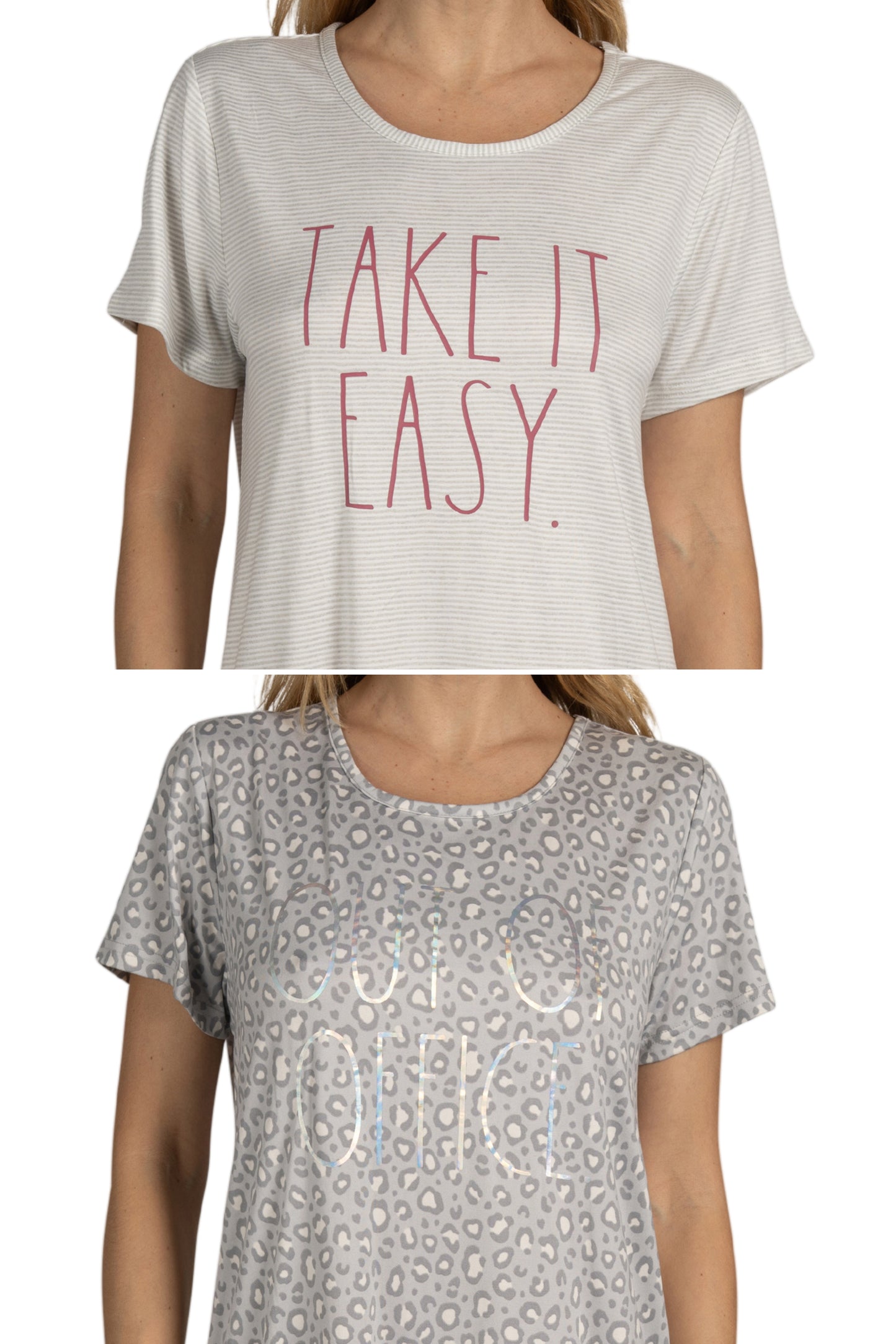 Women's 2-Pack Short Sleeve Shirttail Nightshirts Grey "OUT OF OFFICE" & "TAKE IT EASY"
