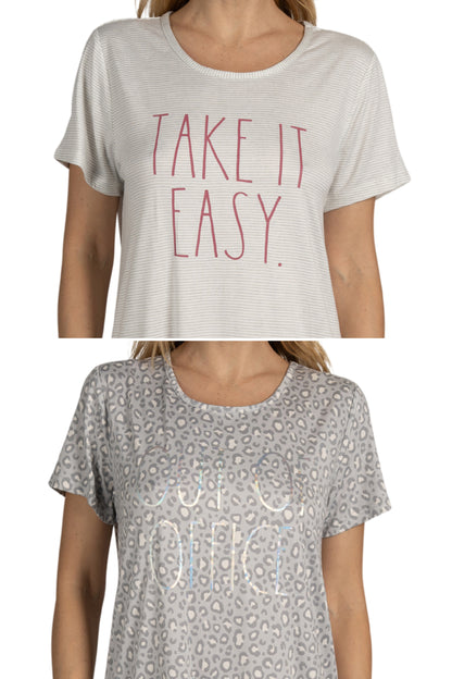 Women's 2-Pack Short Sleeve Shirttail Nightshirts Grey "OUT OF OFFICE" & "TAKE IT EASY"