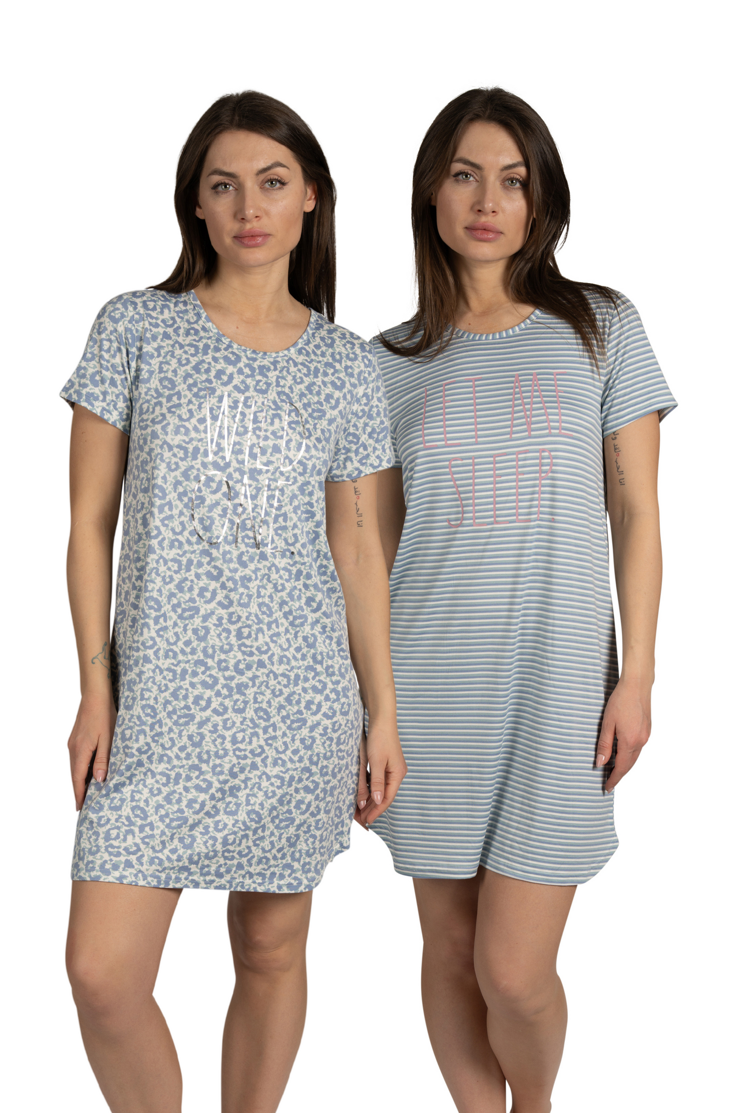 Women's 2-Pack Short Sleeve Shirttail Nightshirts Blue "LET ME SLEEP" & "WILD ONE"