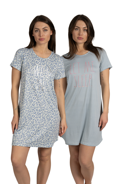 Women's 2-Pack Short Sleeve Shirttail Nightshirts Blue "LET ME SLEEP" & "WILD ONE"