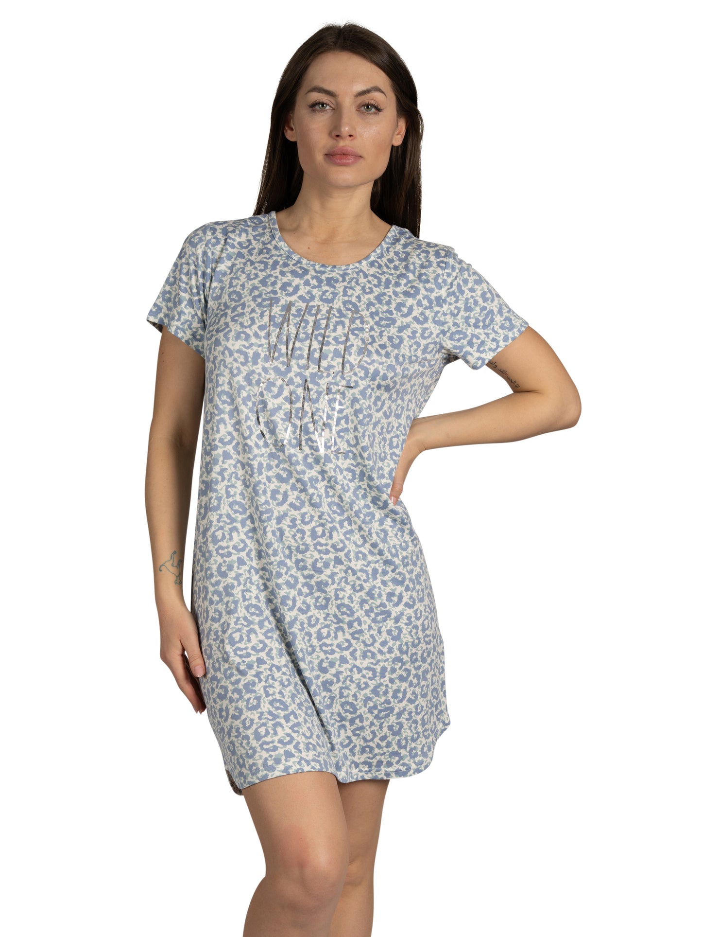 Women's 2-Pack Short Sleeve Shirttail Nightshirts Blue "LET ME SLEEP" & "WILD ONE"