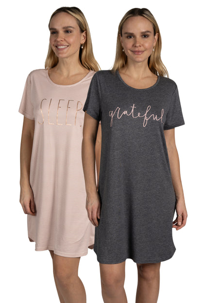 Women's 2-Pack Short Sleeve Shirttail Nightshirts Grey Pink "SLEEP" & "GRATEFUL"