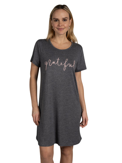 Women's 2-Pack Short Sleeve Shirttail Nightshirts Grey Pink "SLEEP" & "GRATEFUL"