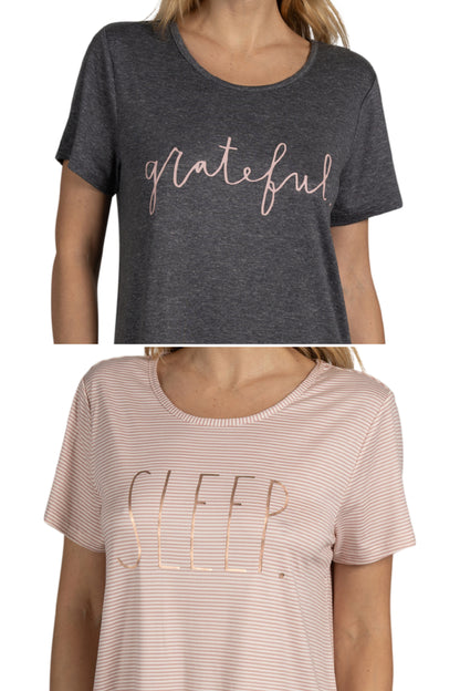 Women's 2-Pack Short Sleeve Shirttail Nightshirts Grey Pink "SLEEP" & "GRATEFUL"