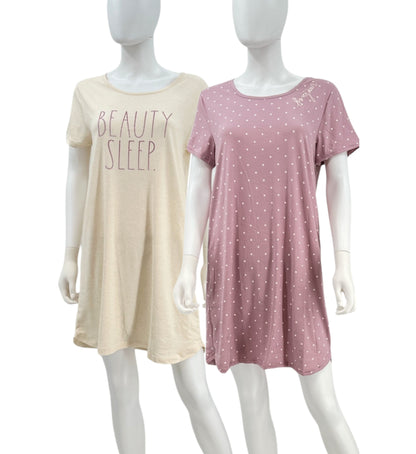 RAE DUNN Women's 2-Pack Short Sleeve Shirttail Nightshirt Recycled, Pink Polka Dot and Oatmeal, M