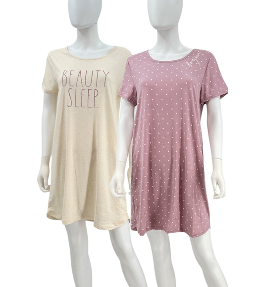 RAE DUNN Women's 2-Pack Short Sleeve Shirttail Nightshirt Recycled, Pink Polka Dot and Oatmeal, M