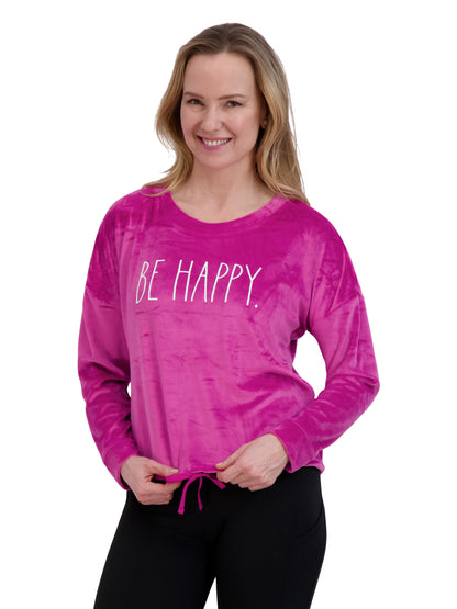 Women's "BE HAPPY" Pink Velour Drawstring Sweatshirt - Rae Dunn Wear - W Sweatshirt