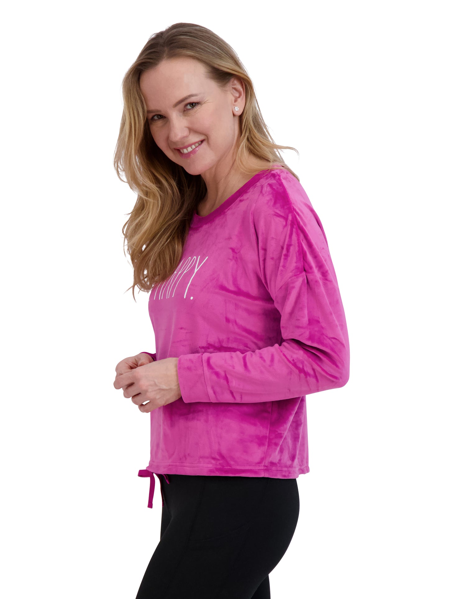 Women's "BE HAPPY" Pink Velour Drawstring Sweatshirt - Rae Dunn Wear - W Sweatshirt