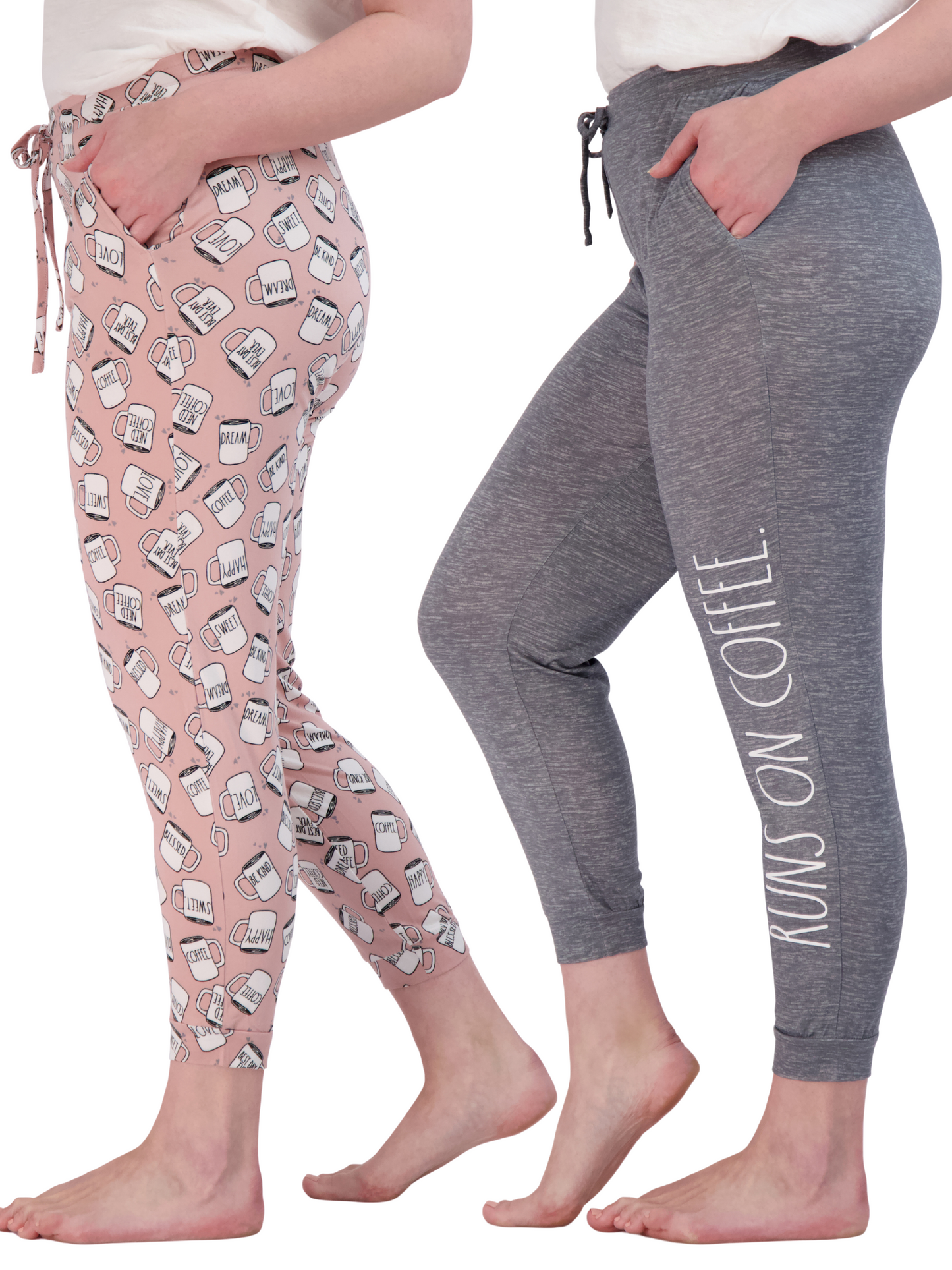 Women's "RUNS ON COFFEE" & Coffee Print 2-Pack Drawstring Pajama Joggers - Rae Dunn Wear - W Sleep Pant