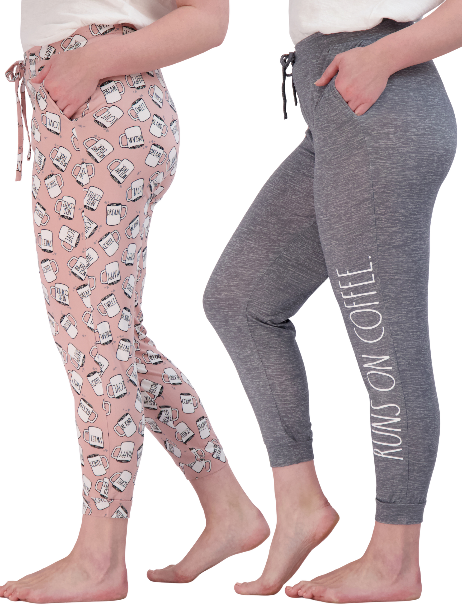 Women's "RUNS ON COFFEE" & Coffee Print 2-Pack Drawstring Pajama Joggers - Rae Dunn Wear - W Sleep Pant