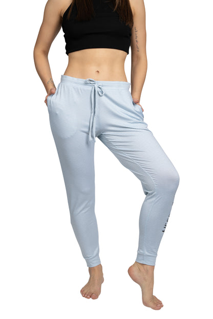 RAE DUNN Women's Jogger Pants with Pockets and Drawstring Recycled, NEED COFFEE Striped Blue, L