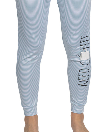 RAE DUNN Women's Jogger Pants with Pockets and Drawstring Recycled, NEED COFFEE Striped Blue, L