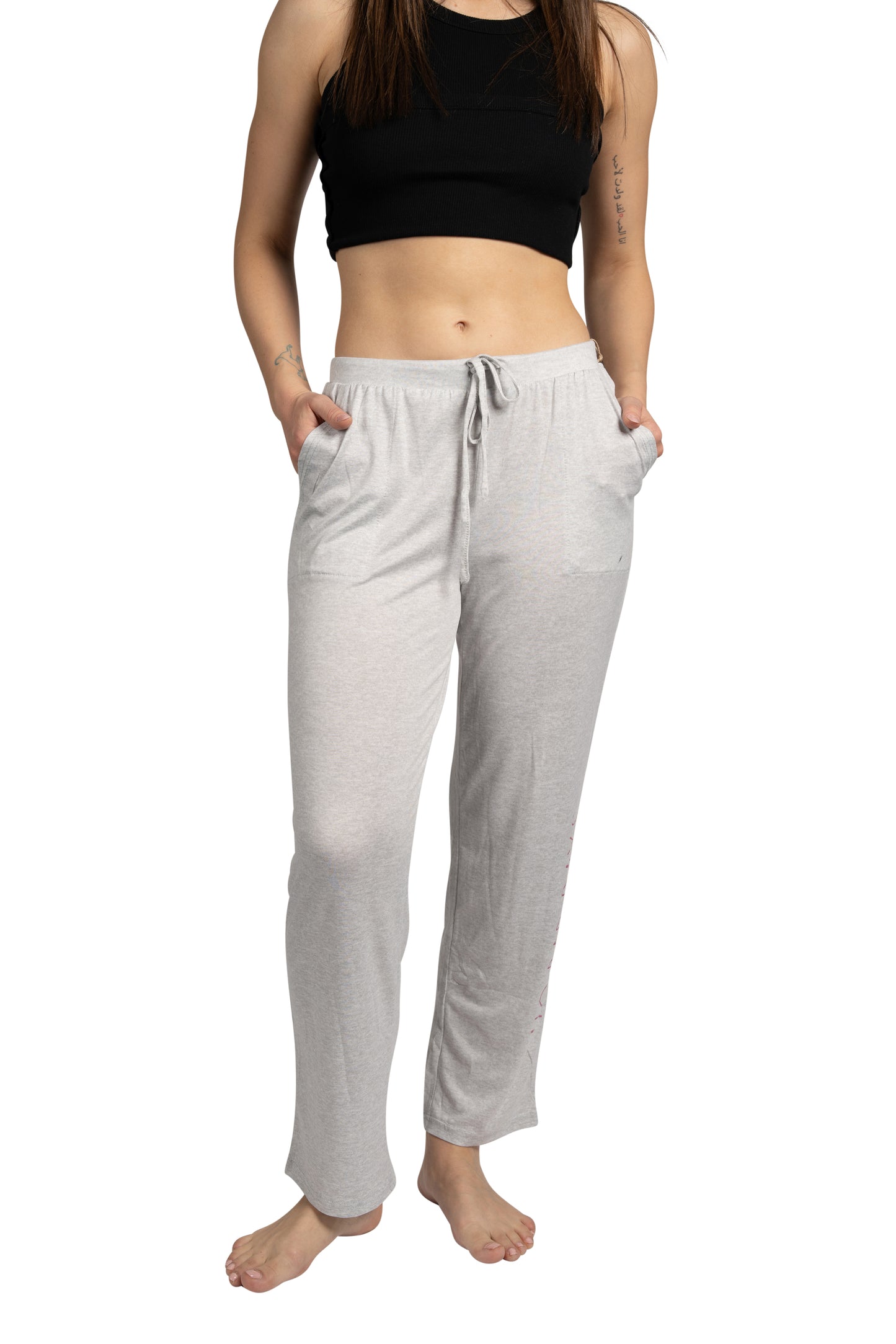 RAE DUNN Women's Tapered Leg Drawstring Pajama Pants with Pockets, NO BAD DAYS Light Gray, L