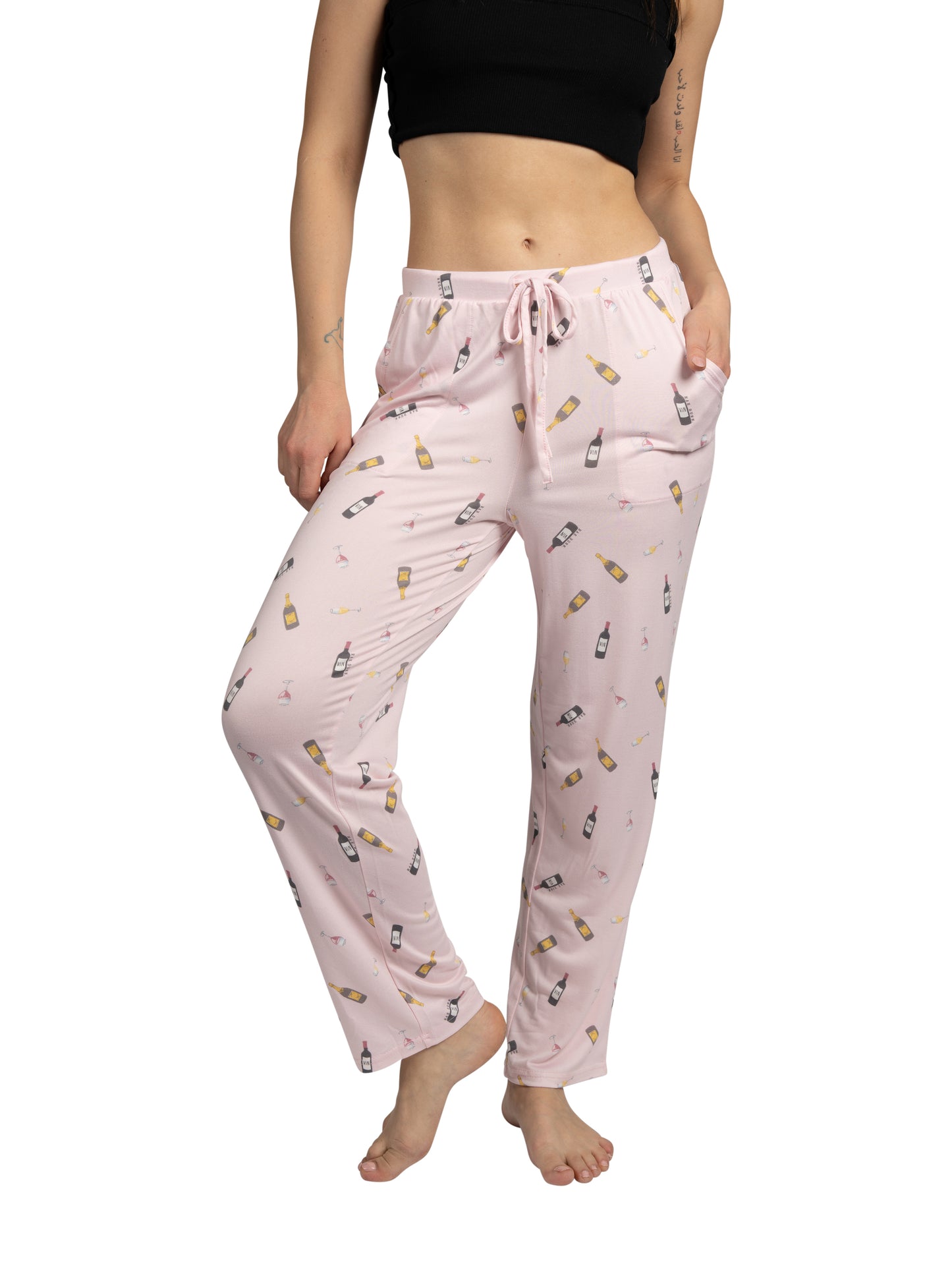 RAE DUNN Women's Tapered Leg Drawstring Pajama Pants with Pockets, Wine Time Lilac, L