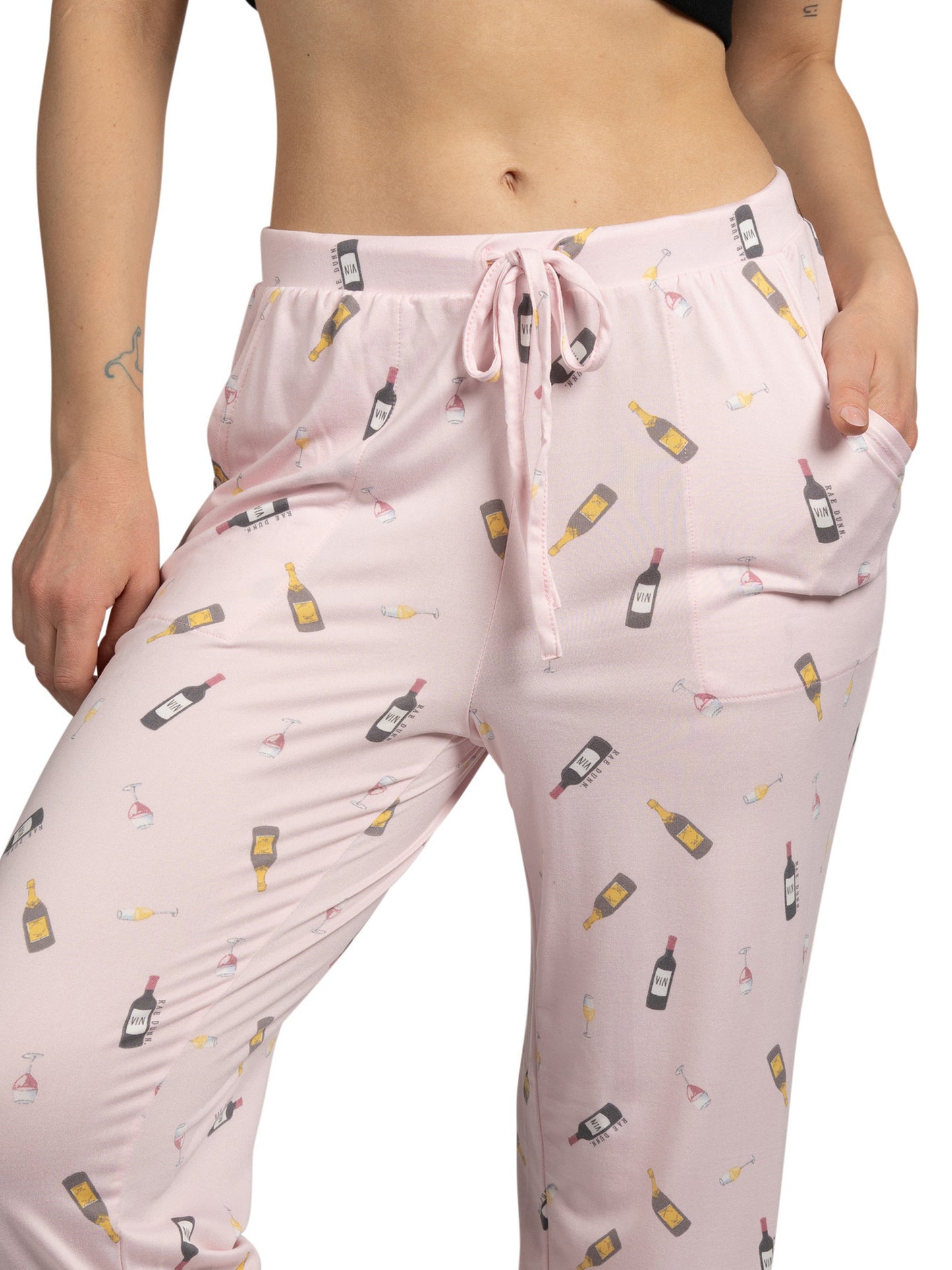 RAE DUNN Women's Tapered Leg Drawstring Pajama Pants with Pockets, Wine Time Lilac, L