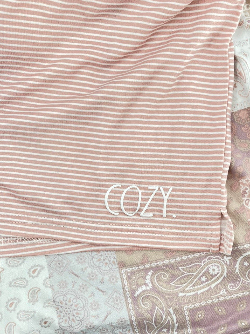 RAE DUNN Women's 2-Pack Drawstring Shorts Recycled, Mixed Paisley and COZY Mini Stripe, L