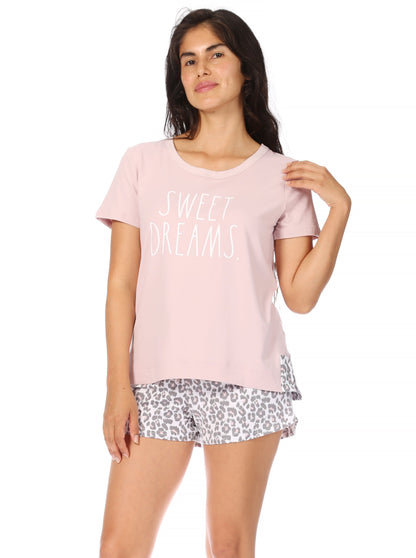 Women's "SWEET DREAMS" Short Sleeve Side Slit Tee and Drawstring Shorts Pajama Set - Rae Dunn Wear - W Shorts Set