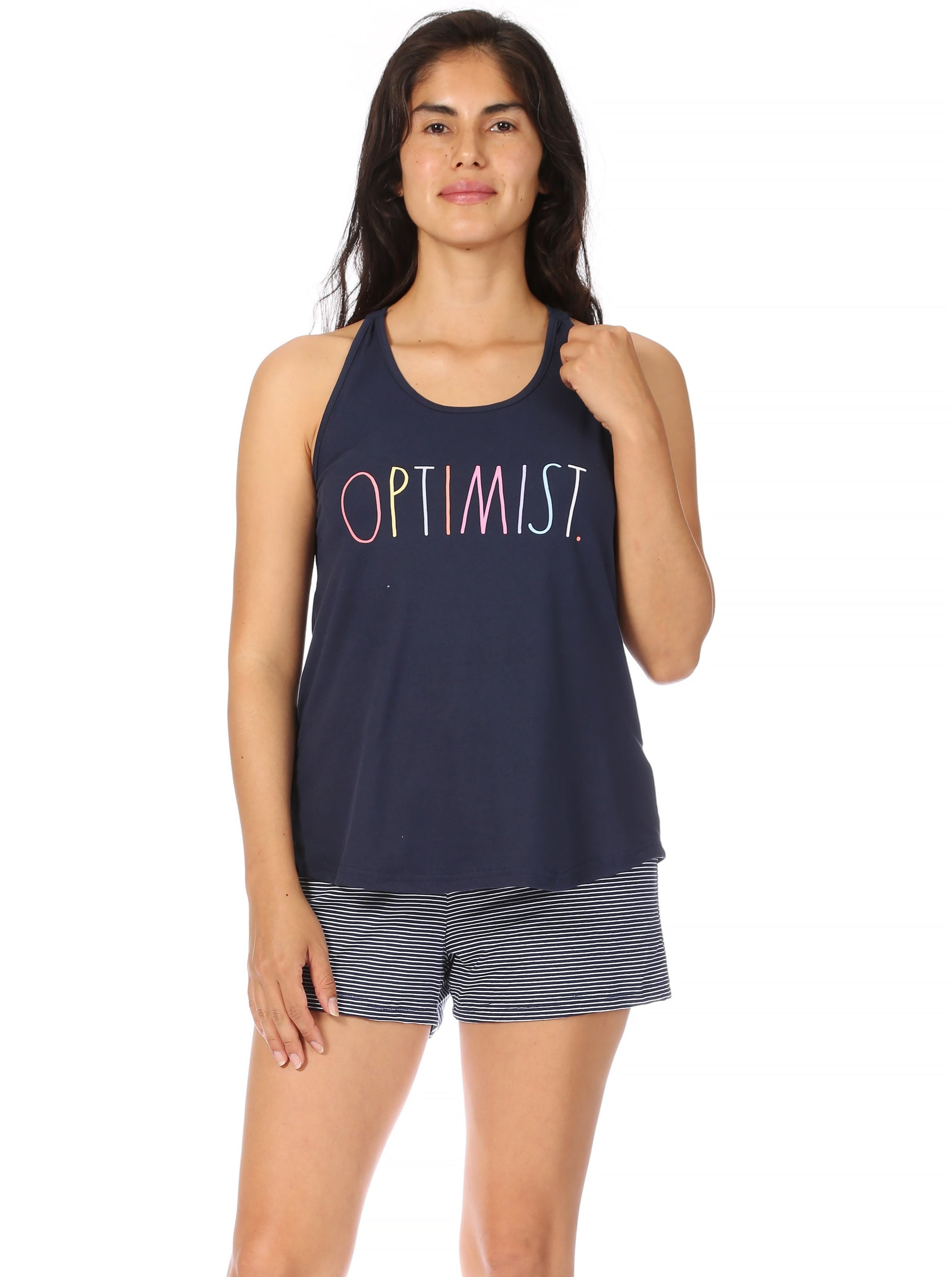 Women's "OPTIMIST" Racerback Tank and Drawstring Shorts Pajama Set - Rae Dunn Wear - W Shorts Set