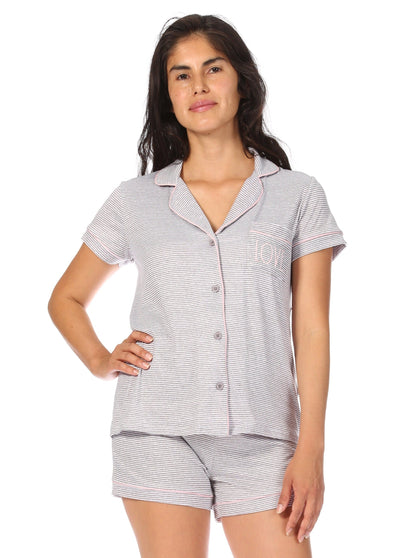 Women's "LOVE" Short Sleeve Notch Collar Button-Up Top and Short Pajama Set - Rae Dunn Wear - W Shorts Set