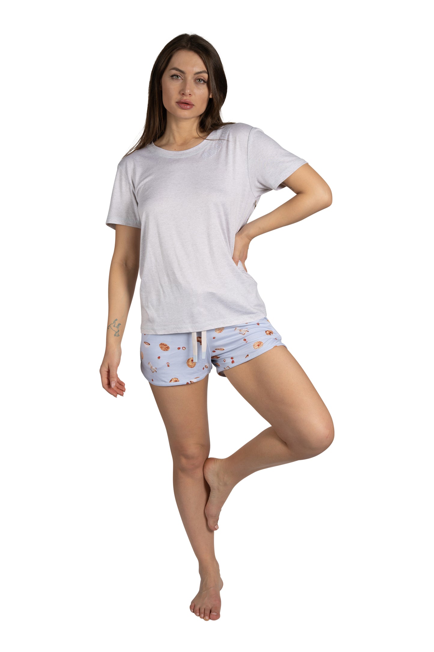 RAE DUNN Women's Crew Neck Short Sleeve Top and Drawsting Dolphin Shorts Recycled, BRUNCH PLEASE Berry, M