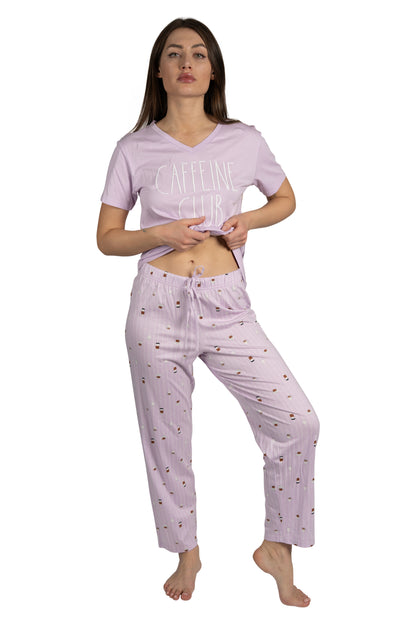 Women's "CAFFEINE CLUB" 2-Piece Short Sleeve Top and Pants Pajama Set