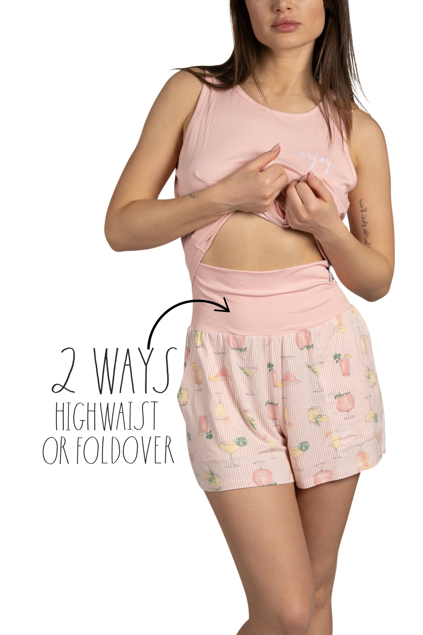 RAE DUNN Women's Ribbed Tank Top and Foldover Waistband Shorts, ENJOY Cocktails, M