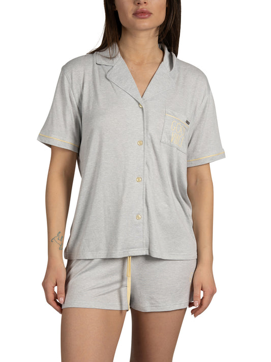 RAE DUNN Women's Short Sleeve Notch Collar Top and Drawstring Shorts Recycled, GOOD VIBES Grey, M