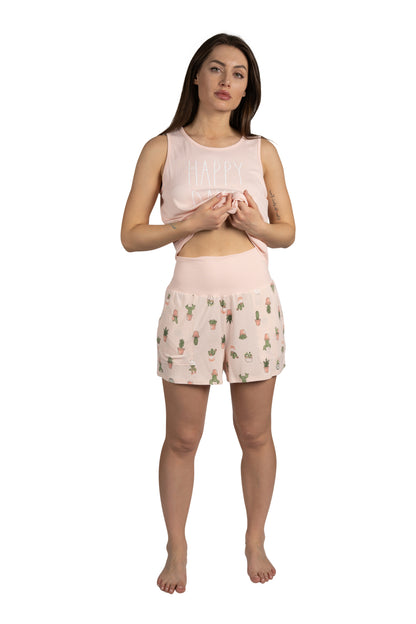 RAE DUNN Women's Ribbed Tank Top and Foldover Waistband Shorts, HAPPY DAYS Succulent, XL