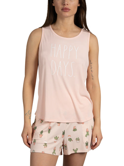 RAE DUNN Women's Ribbed Tank Top and Foldover Waistband Shorts, HAPPY DAYS Succulent, XL