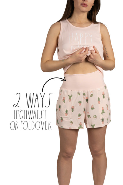 RAE DUNN Women's Ribbed Tank Top and Foldover Waistband Shorts, HAPPY DAYS Succulent, XL