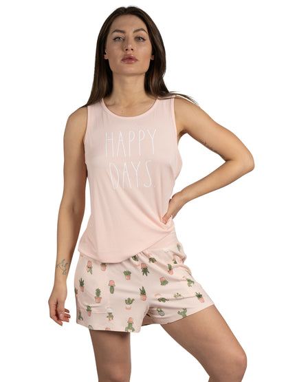 RAE DUNN Women's Ribbed Tank Top and Foldover Waistband Shorts, HAPPY DAYS Succulent, XL